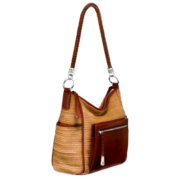Brighton Brice Straw Organizer Hobo Brandy Brown Leather Purse Shoulder Bag - Picture 1 of 17